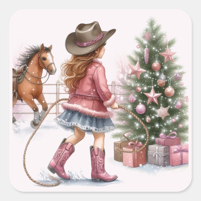 Adesivo Quadrado Pink Cowgirl Lasseamento Natal (Frente)