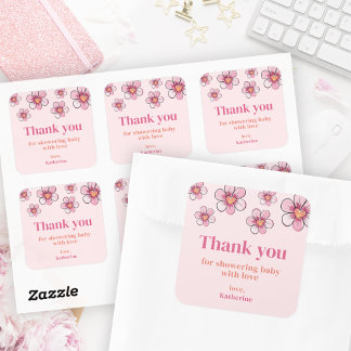 Adesivo Quadrado Pink Daisy Baby Shower Square Thank You Sticker