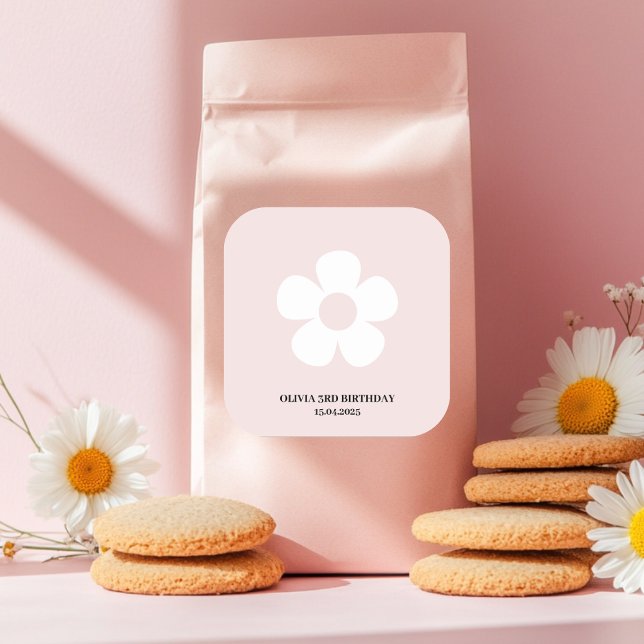 Adesivo Quadrado Pink Daisy Birthday | Rótulo de Favor do Partido (Criador carregado)