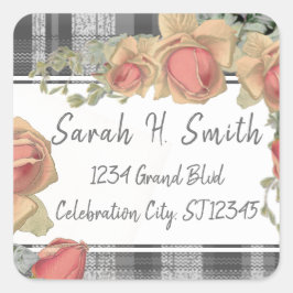 Adesivo Quadrado Pink e Cinza Endereço de devolução de Xadrez