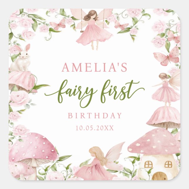 Adesivo Quadrado Pink Fairy First Birthday Party Sticker (Frente)
