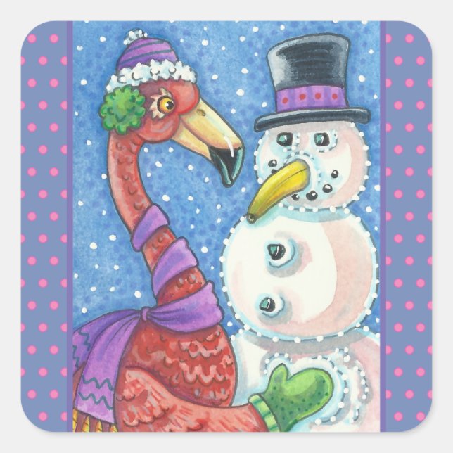 Adesivo Quadrado PINK FLAMINGO SNOWMAN, CHRISTMAS STICKERS Square (Frente)
