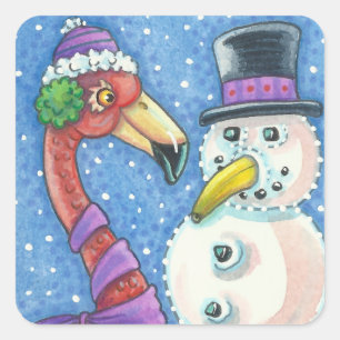 Adesivo Quadrado PINK FLAMINGO SNOWMAN CHRISTMAS STICKERS Square