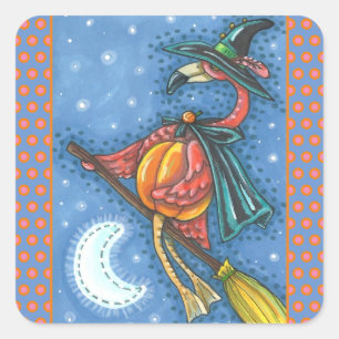 ADESIVO QUADRADO PINK FLAMINGO WITCH, VOANDO SOBRE A LUA EM UM QUAR
