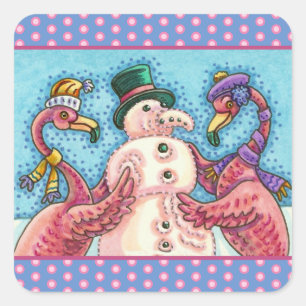ADESIVO QUADRADO PINK FLAMINGOS FAZEM NEVE, AVES DE NATAL ENGRAÇADO