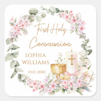 Adesivo Quadrado Pink Floral Chalice First Holy Communion Sticker