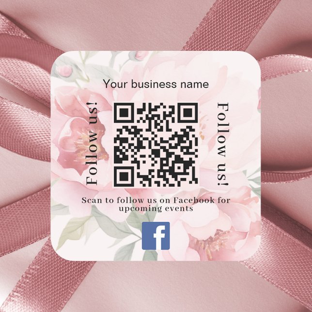 Adesivo Quadrado Pink floral nome de empresa qr code Facebook (Criador carregado)