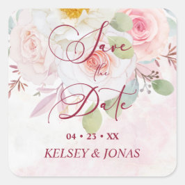 Adesivo Quadrado Pink Floral Save the Date Whimsical Quote