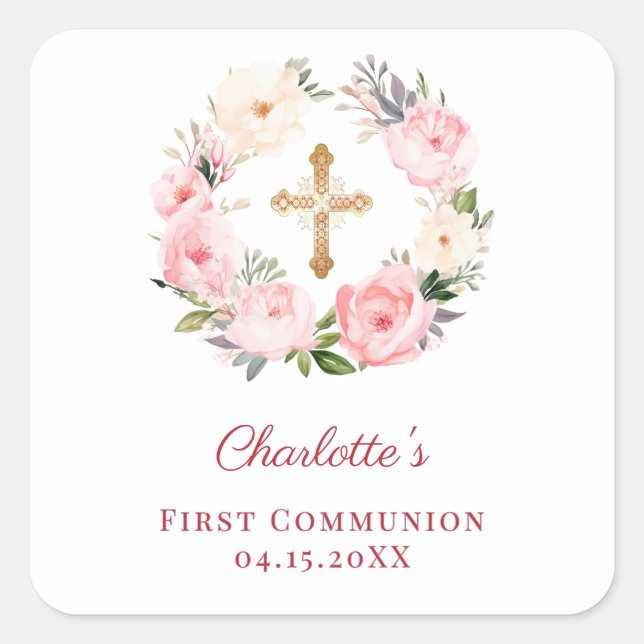 Adesivo Quadrado Pink floral wreath First Communion (Frente)