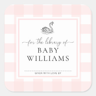 Adesivo Quadrado Pink Gingham Swan Para A Biblioteca De Bookplate