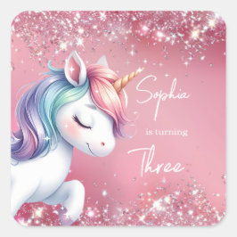 Adesivo Quadrado Pink Glitter Rainbow Unicorn Birthday