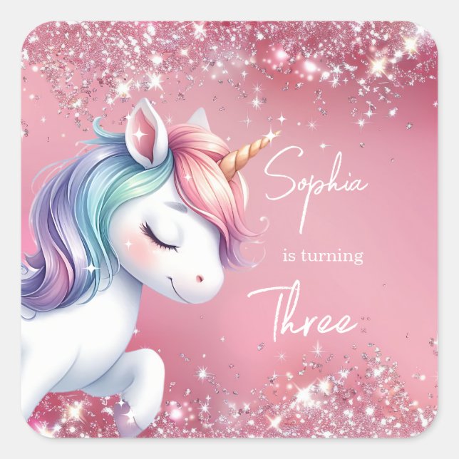 Adesivo Quadrado Pink Glitter Rainbow Unicorn Birthday (Frente)