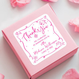 Adesivo Quadrado Pink Hand Drawn Doodles Graduation Thank You White