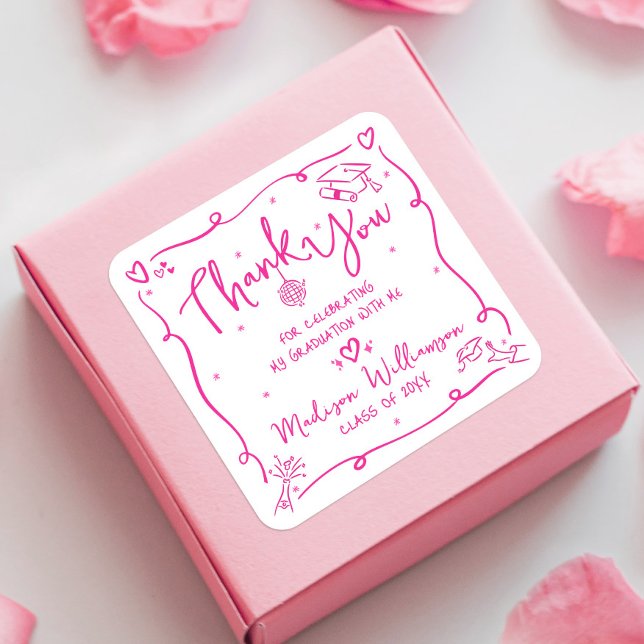Adesivo Quadrado Pink Hand Drawn Doodles Graduation Thank You White (Criador carregado)