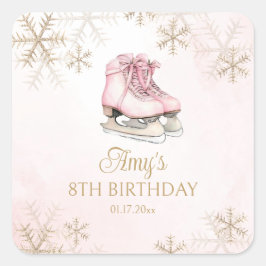 Adesivo Quadrado Pink Ice Skating Birthday Gold Glitter Snowflakes