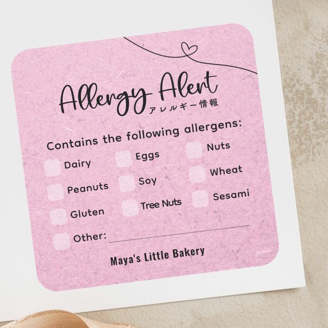 Adesivo Quadrado Pink Kraft Allergy Alert Allergen Warning (Criador carregado)