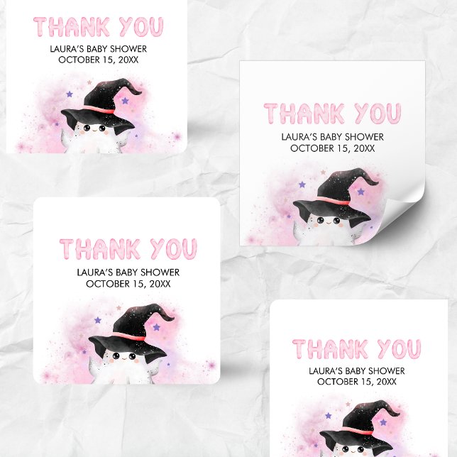 Adesivo Quadrado Pink Little Boo Ghost Witch Baby Shower (Little Boo Halloween Baby Shower Square Sticker)