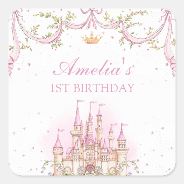 Adesivo Quadrado Pink Maggie Princess Castle Birthday Sticker (Frente)