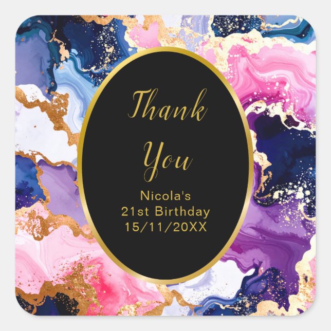 Adesivo Quadrado Pink, Navy Blue and Gold Ink Birthday Party (Frente)