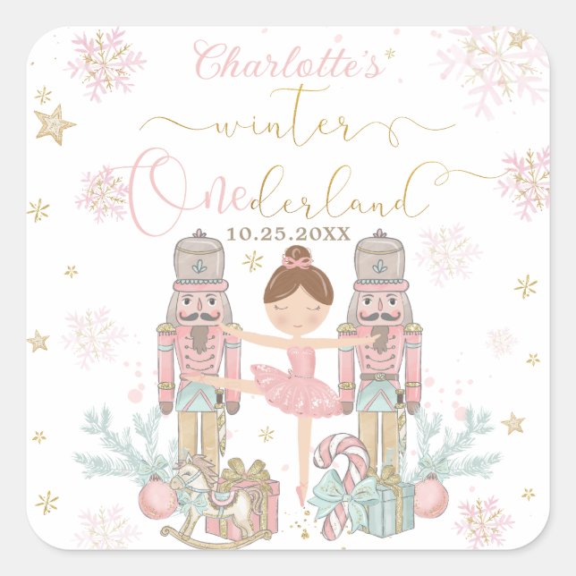 Adesivo Quadrado Pink Nutcracker Winter Onederland 1st Birthday (Frente)