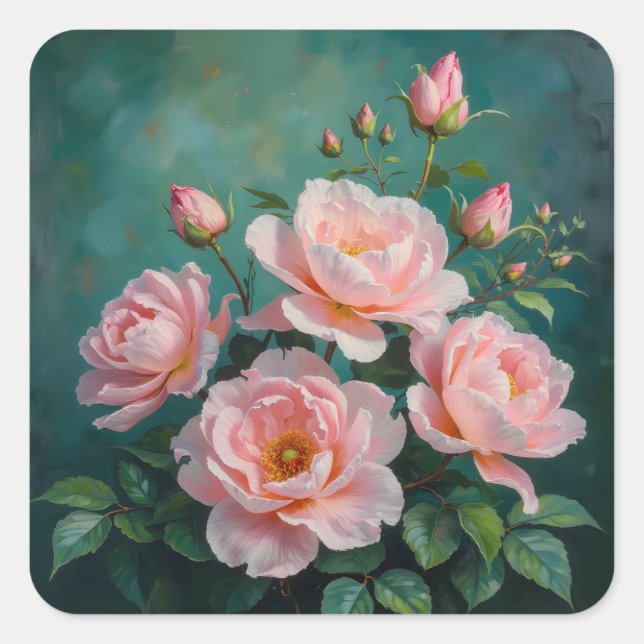 Adesivo Quadrado Pink Peonies Artwork on Emerald Green (Frente)