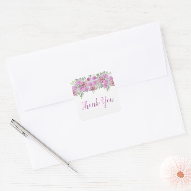 Adesivo Quadrado Pink Peony Greenery Obrigado Pinheiros (Envelope)