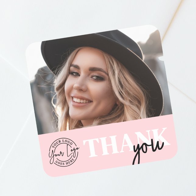 Adesivo Quadrado Pink Photo Logo Thank You (Pink Black Photo Logo Thank You Square Sticker)