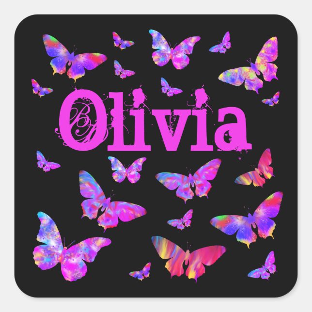 Adesivo Quadrado Pink & Purple Butterfly Pop Art Olivia Add Name (Frente)