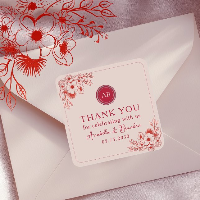 Adesivo Quadrado Pink Red Floral Wedding Thank You (Criador carregado)