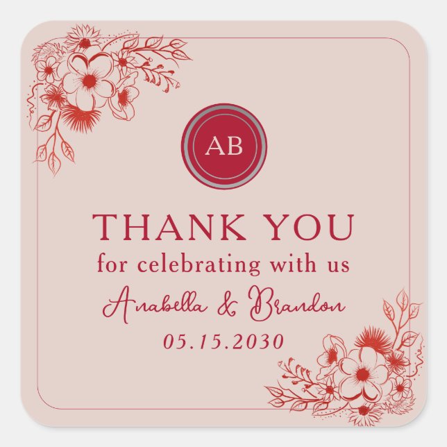 Adesivo Quadrado Pink Red Floral Wedding Thank You (Frente)