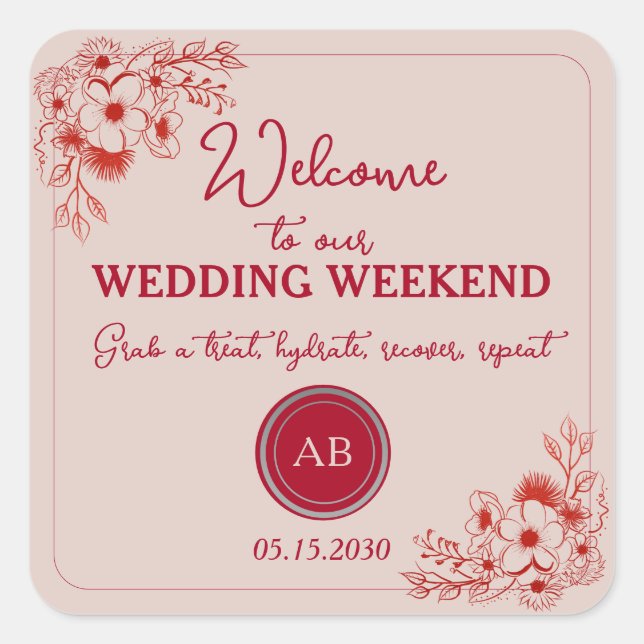 Adesivo Quadrado Pink Red Wedding Weekend Welcome (Frente)