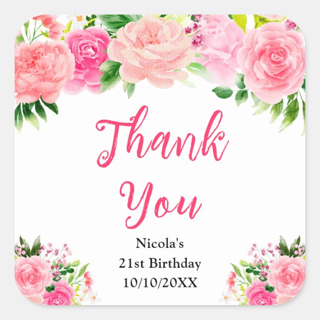 Adesivo Quadrado Pink Roses with Foliage Birthday Thank You (Frente)