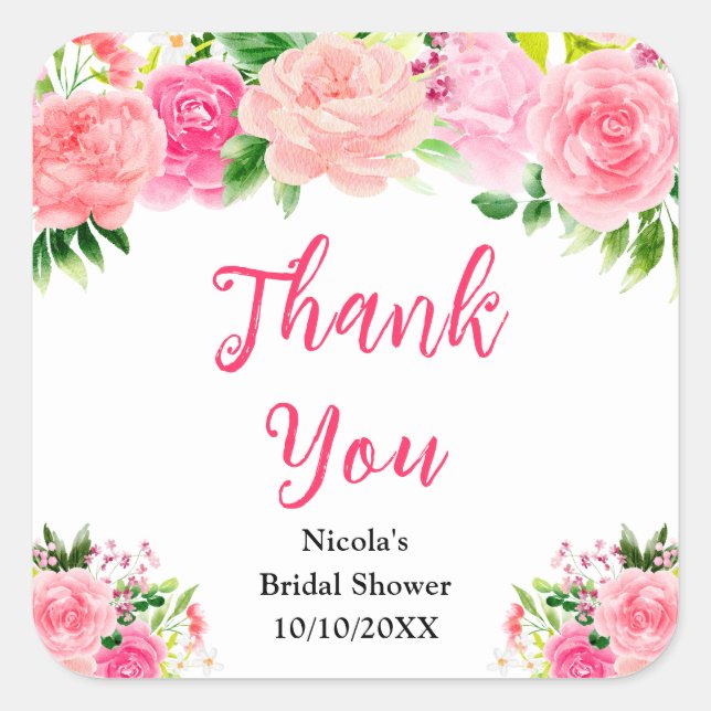 Adesivo Quadrado Pink Roses with Foliage Bridal Shower Thank You (Frente)