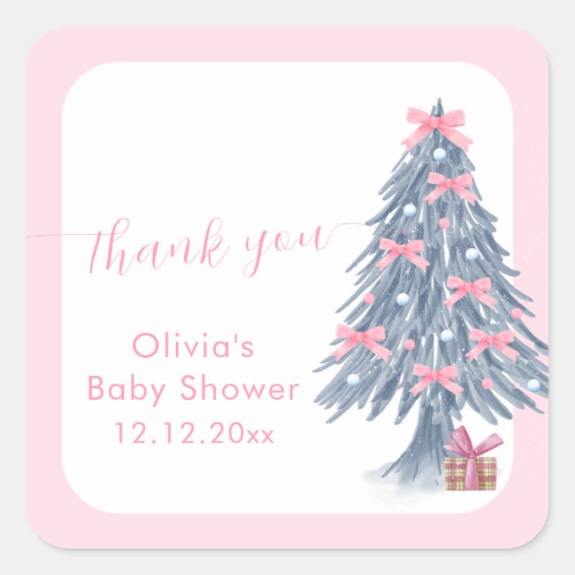 Adesivo Quadrado Pink rustic Winter Bow Christmas Tree Baby Shower  (Frente)