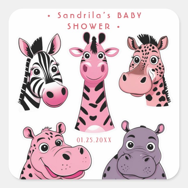 Adesivo Quadrado Pink Safari Animals Theme Girl Birthday Party  (Frente)