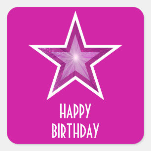 Adesivo Quadrado Pink Star 'Happy Birthday' - vinheta quadrada rosa