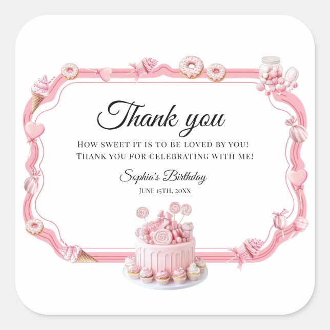 Adesivo Quadrado Pink Sweet One Birthday Favor Stickers (Frente)