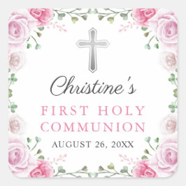 Adesivo Quadrado Pink Watercolor Floral Primeira Comunhão Santa
