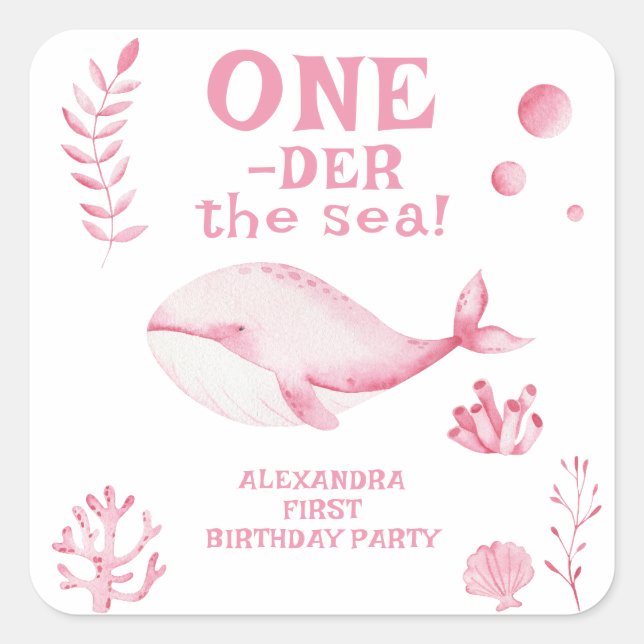 Adesivo Quadrado Pink Whale Oneder The Sea 1st Birthday  (Frente)