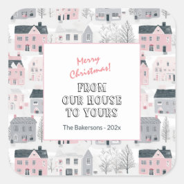 Adesivo Quadrado Pink White Grey Vintage Houses Christmas Stickers