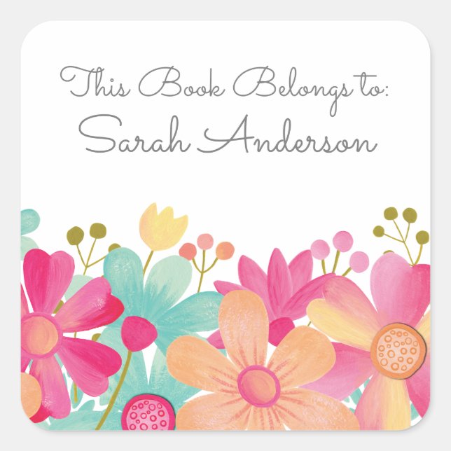 Adesivo Quadrado Pintado Livro Floral Este Livro Pertence (Frente)