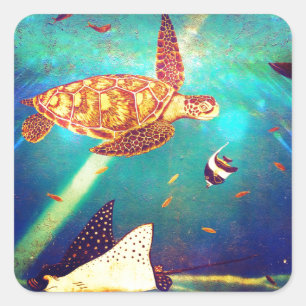 Adesivo Quadrado Pintagem de Tartarugas do Mar Coloridas no Oceano