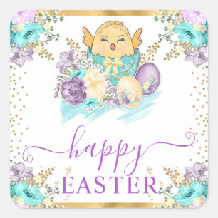 Adesivo Quadrado Pintinho Floral e Páscoa de Ovos de Cinto Aquoso