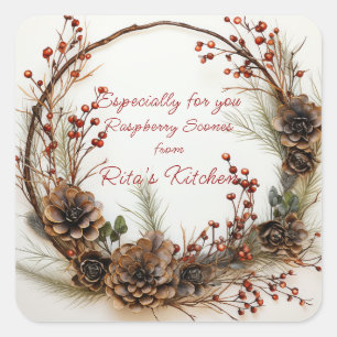 Adesivo Quadrado Pinto de Natal Wreath Red Berries Pinecones