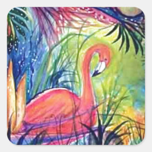 Adesivo Quadrado Pintor de Aquarela Flamingo Sanibel, Rosa, Meia-No