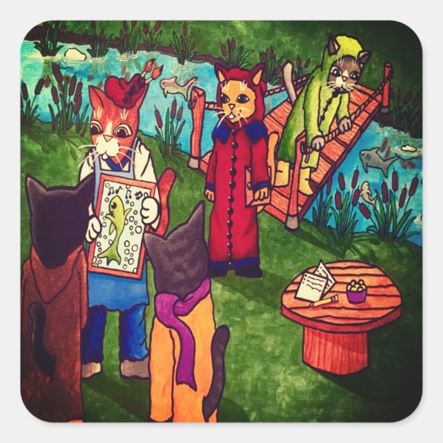 Adesivo Quadrado Pintor de Artista Vinheta Retangular de Gato (Frente)