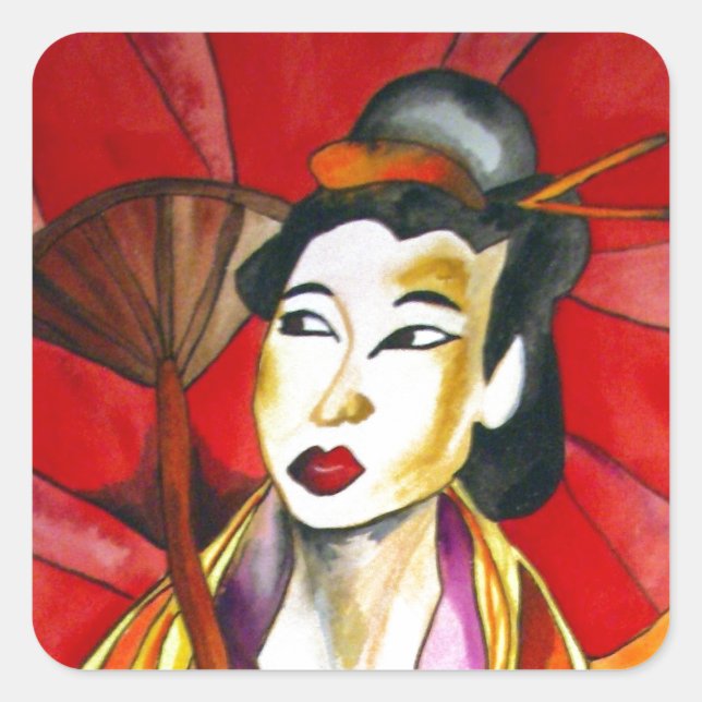 Adesivo Quadrado Pintura a aquarela original em Geisha (Frente)