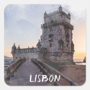 Adesivo Quadrado Pintura aquosa da torre de Belem no pôr do sol