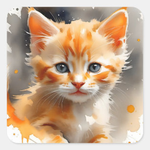 Adesivo Quadrado Pintura aquosa de um gato laranja giro