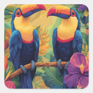 Adesivo Quadrado Pintura com tucano vibranteAves tropicais no paraí